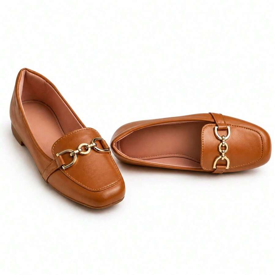 Women's Square Toe Loafer With Chain Detail, Comfortable Casual Style - Camel - View 1