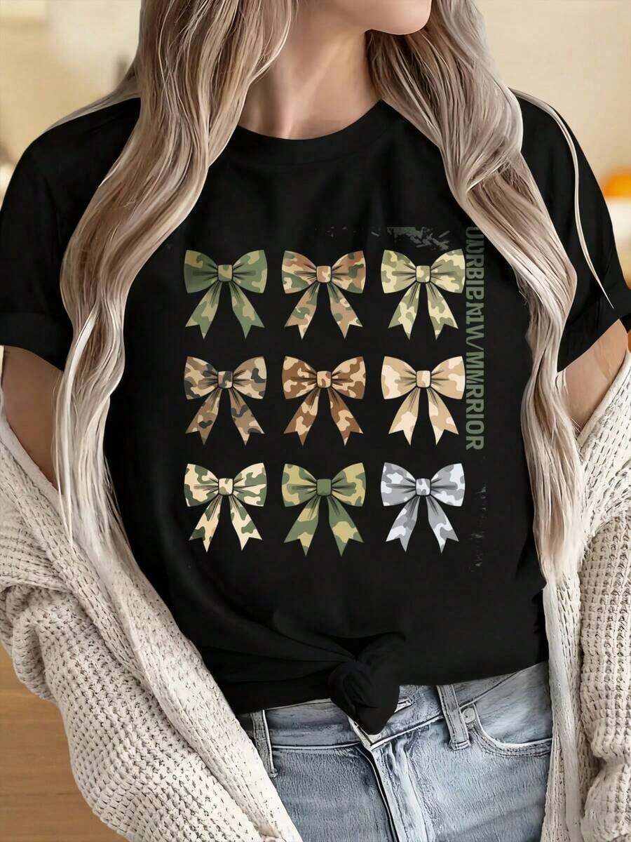 Camisetas para Mujer y Hombre con Cuello Redondo y Mangas Cortas, Camiseta con Estampado de Lazo Camuflado, Camiseta Casual de Manga Corta para Mujer, Diseño Gráfico con Lazo de Estilo Militar, Camiseta de Moda, Estampados Divertidos Ideales para Fiestas de Navidad, Actividades Deportivas, Fiestas de Vacaciones, Salidas, Deportes y Otros Regalos Festivos. - Negro - Ver 1