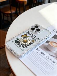 1pc Transparent TPU Phone Case Compatible With IPhone 17/16/15/14/13/12 Series, Anti-Fall Anti-Scratch, Fresh Daisy Butterfly Design, Retro Daisy Butterfly Print, Rhinestone Edging - Multicolor - View 5