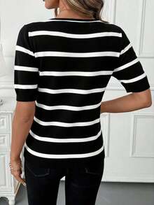 Suéter de punto casual con cuello en V, mangas raglán y rayas para mujer - Blanco y Negro - Ver 2