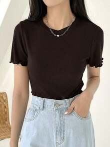 Blusa de punto acanalado con ribete de lechuga, estilo preppy de verano - Café integral - Ver 4