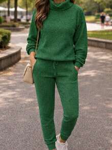 Set Of Pants And Turtleneck Sweater In Mousse Knit Fabric. - Green With a Handle - View 2