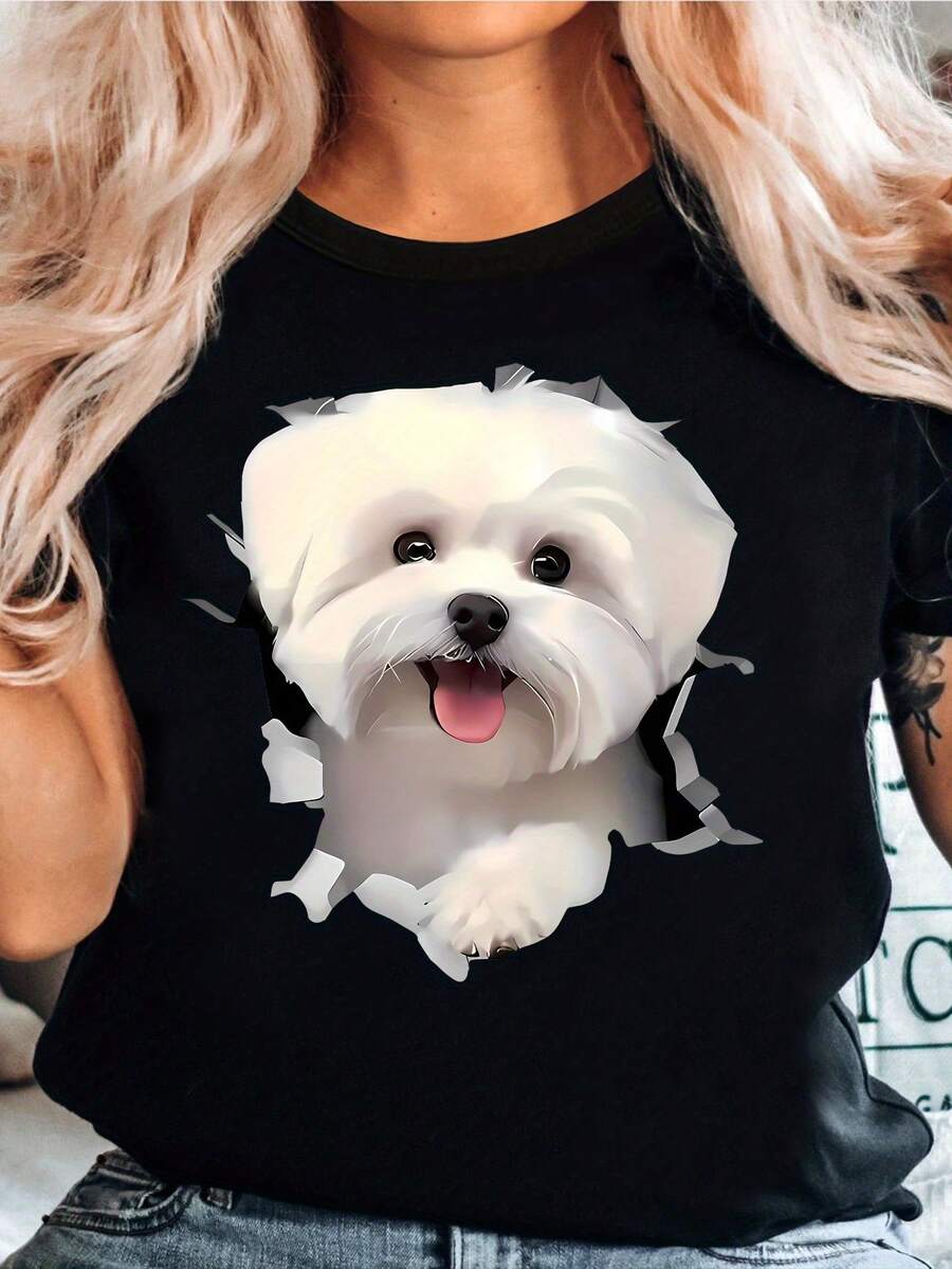 Women's T-Shirt With Fun And Modern Dog Print, Casual Short Sleeve Crew Neck Sports T-Shirt For All Seasons, Women's Clothing Made Of Soft Medium Elasticity Fabric, Machine Washable, Soft Fabric, Casual Urban Style Suitable For Wearing All Year Round - 黑色 - 查看 1