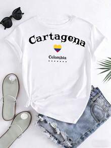 Camiseta Gráfica de Manga Corta, Camiseta de Mujer con Bandera de Corazón de Cartagena, Colombia, Top Casual de Verano, Regalo de Recuerdo de Viaje para Ella, 220g, Vintage - Blanco - Ver 4