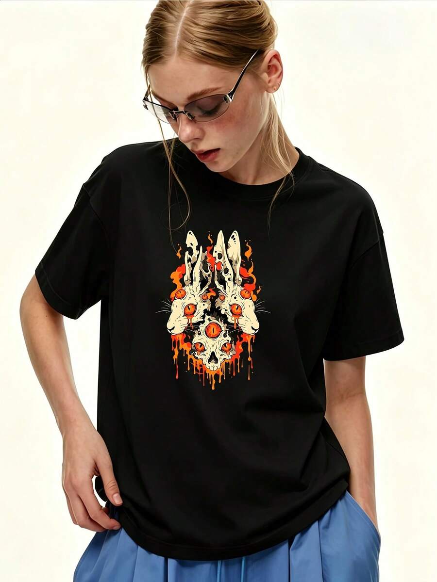 Women's 180g Oversized Printed Short-Sleeved T-Shirt With A Casual Loose Fit, Round Neck, Skull Design, Summer T-Shirt Suitable For Family Gatherings, Company Team Building Gifts, 2024 Fashion Top - Unisex Loose-Fitting Cotton Short-Sleeved Round Neck Urban Vintage Style T-Shirt. - 黑色 - 查看 1