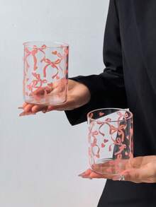 1个粉色蝴蝶结爱心透明玻璃杯，高大宽口无盖设计，家用牛奶杯，休闲咖啡/茶杯，节日礼品杯，商用冷萃咖啡杯，可爱夏季水杯 - 彩色 - 查看 15