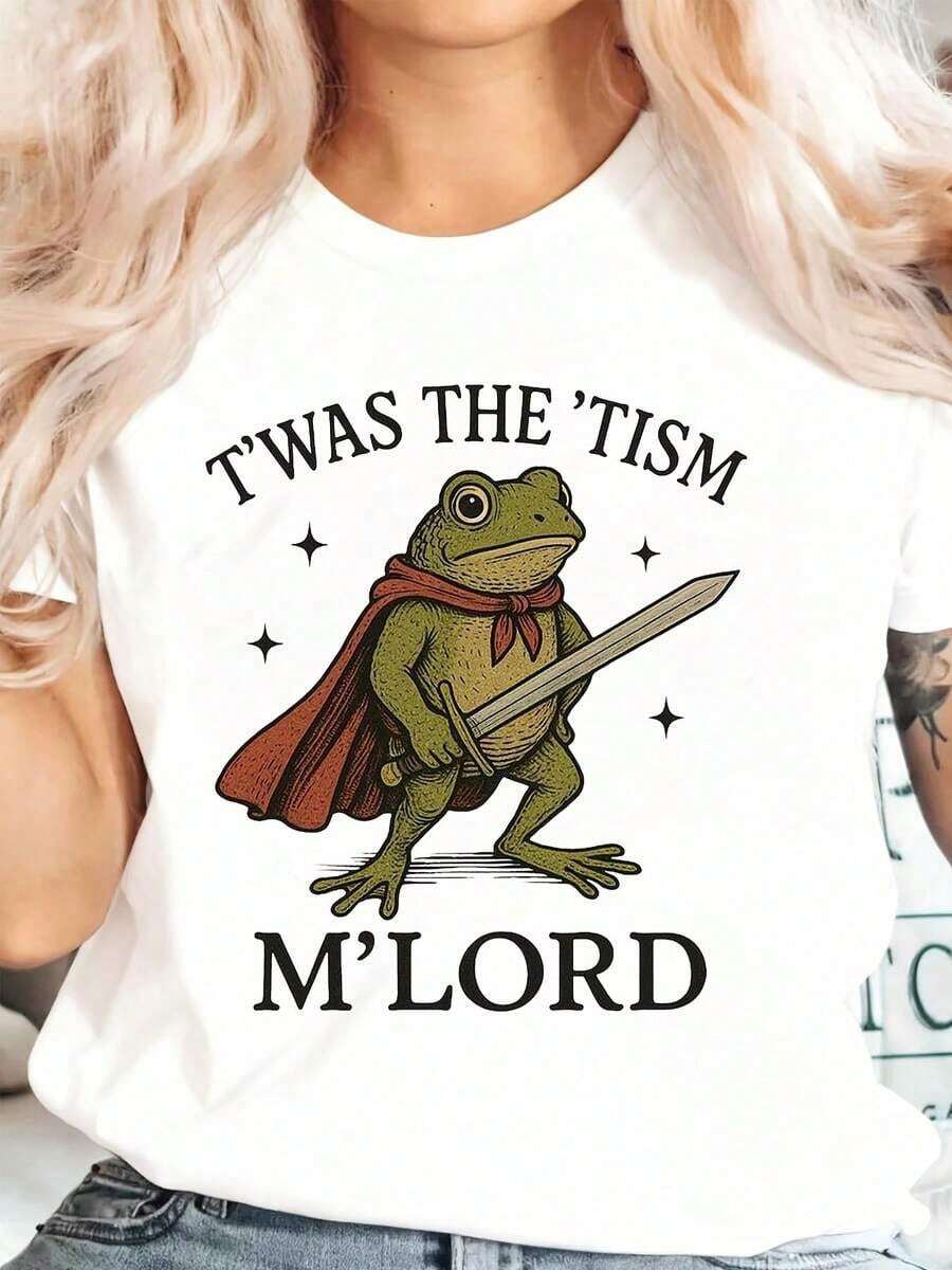 Frog T-Shirt With Sword And Cape, Twas The Tism M Lord Print, Casual Clothing For Women And Men, Women's Casual Blouse - 白色 - 查看 1