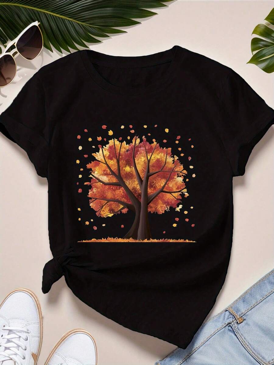 Camiseta de mujer con estampado de hojas de otoño, camiseta deportiva de manga corta de talla grande para mujer. - Negro - Ver 1