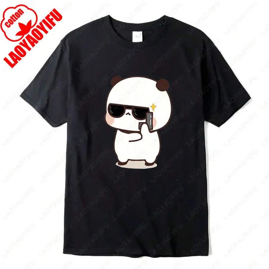 Kawaii Bubu Dudu Couple T-Shirt, Panda Bears Are Spy Love Things, Couple T-Shirt, Cute Matching Cotton T-Shirt, Casual T-Shirts For Men And Women - 黑2 - 查看 1