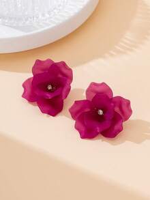 1 par de pendientes de botón con forma de flor rosa brillante de gran tamaño, estilo retro, elegantes y lujosos, para mujer, para vacaciones de verano en la playa - rosa rosa - Ver 2