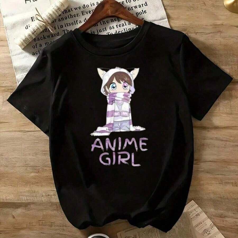 Women's Anime T-Shirt, Anime Girl Cartoon Character Print T-Shirt, Casual Short Sleeve T-Shirt For Women, Fashionable Black Anime T-Shirt | Exquisite Design | Loose And Comfortable | Easy To Match | - 黑色 2 - 查看 1