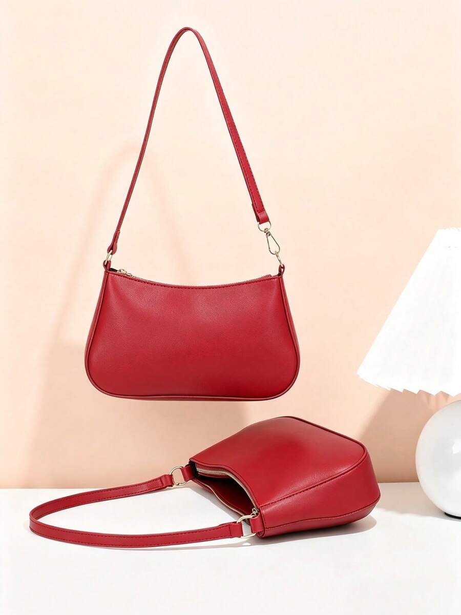 Fashionable Minimalist Underarm Shoulder Baguette Bag - Burgundy - View 1