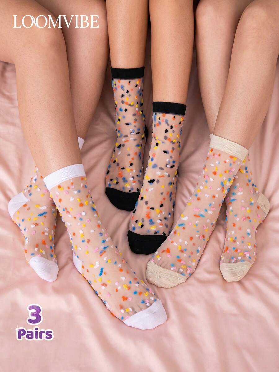 3 Paar Damen Mehrfarbige Polka Dot Transparente Farbblock Polyester Atmungsaktive Frische Dünne Socken Für Sommer Tragen - Verschiedenfarbig - Übersicht 1