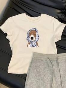 Camiseta de mujer con estampado de cabeza de perro estilo Y2K - Top de manga corta y cuello redondo de alta elasticidad, adecuada para mujeres de complexión pequeña, perfecta para uso casual en primavera, verano y otoño, tela transpirable, resistente a la deformación, lavable a máquina, ideal para uso diario, estilo moderno, imprescindible para los entusiastas de la moda. - Blanco - Ver 1