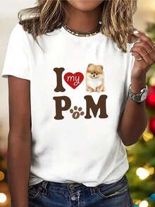 ropa de mujer 1 pieza de camiseta gráfica para mujer con diseño de mamá pomerania / Camiseta linda para amantes de perros con estampado "I Love My PM", tela elástica y transpirable, cuello redondo, top casual para primavera, verano y otoño, camiseta de perro, ropa de verano, camiseta de corte relajado, material no transparente, 100% algodón. camisas de mujer - Blanco - Ver 5