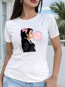 ¡Oferta por tiempo limitado, unidades limitadas,  relámpago! Camisas casuales para mujer, camisetas de poliéster para mujer, camisas elegantes. Camiseta de manga corta para mujer, corte regular, con estampado de dibujos animados geométricos 2D de burbujas, cuello redondo, casual, apta para todas las estaciones, disponible en varios colores y tallas, moda festiva, estética vintage, material transpirable, estampado divertido - Blanco - Ver 7