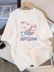 Camiseta Oversize de Cuello Redondo para Mujer Y2K - Top de Manga Corta Holgado, para Verano y Uso Casual,única Lavable aáquina (No-) - Blanco - Ver 1