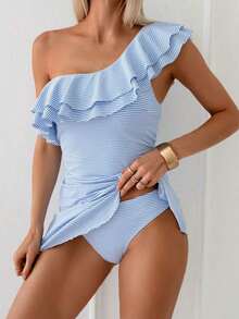 2026 Swim Lushoire Conjunto de ropa de verano para mujer, top de un hombro con volantes de tela de punto a rayas azul y blanco, y Bottom de triángulo regular - Azul y blanco - Ver 3
