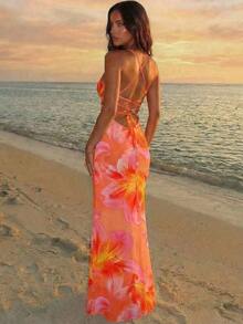 Women's Elegant Vacation Orange Lily Floral Print Backless Halter Dress, Beach Resort Dress, Orange Dress, Beach Vacation Outfit, Hawaii Dress,Summer Dress,Vacation Dress,Summer Dresses For Women - màu xanh lá - Xem 1