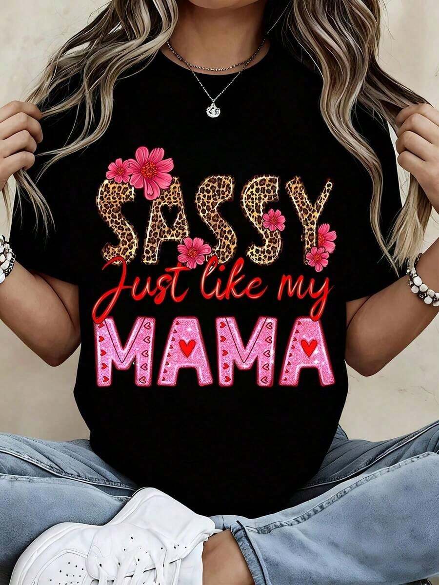 Camiseta con Estampado de Leopardo "Sassy Just Like My Mama" Blanca para Mujer, Top Casual de Moda con Diseño Floral y de Corazón para Conjuntos Combinados de Madre e Hija - Negro - Ver 1