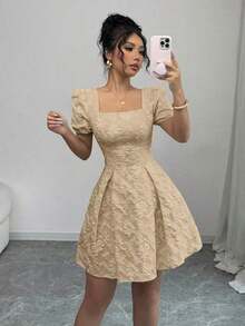 Women's Dress With Puff Sleeves And Square Neck, Fashionable For Summer - 酒紅色 - 查看 12