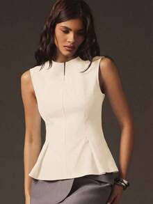 Blusa estructurada sin mangas con cremallera frontal y volante, para uso casual en la oficina - Caqui 2 - Ver 7
