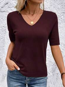 Blusa de punto de manga corta regular con cuello en V casual y versátil - Granada - Ver 6