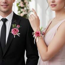 Corsage Boutonniere Set, Groomsmen Buttonholes, Pink Wrist Corsage For Women - Purple - View 8