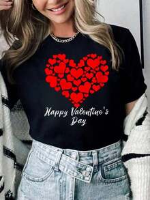 100% Cotton 100% Purified Cotton Women's T-Shirt With Heart For Valentine's Day Autumn Clothing For Women - 黑色 - 查看 1