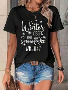TrendyCamiseta Besos De Invierno Y Deseos De Copos De Nieve , Ropa De Invierno Para Mujer Summer Essentials,Summer Outfits For Women,Graphic TeesEveryday Wear - Negro - Ver 1