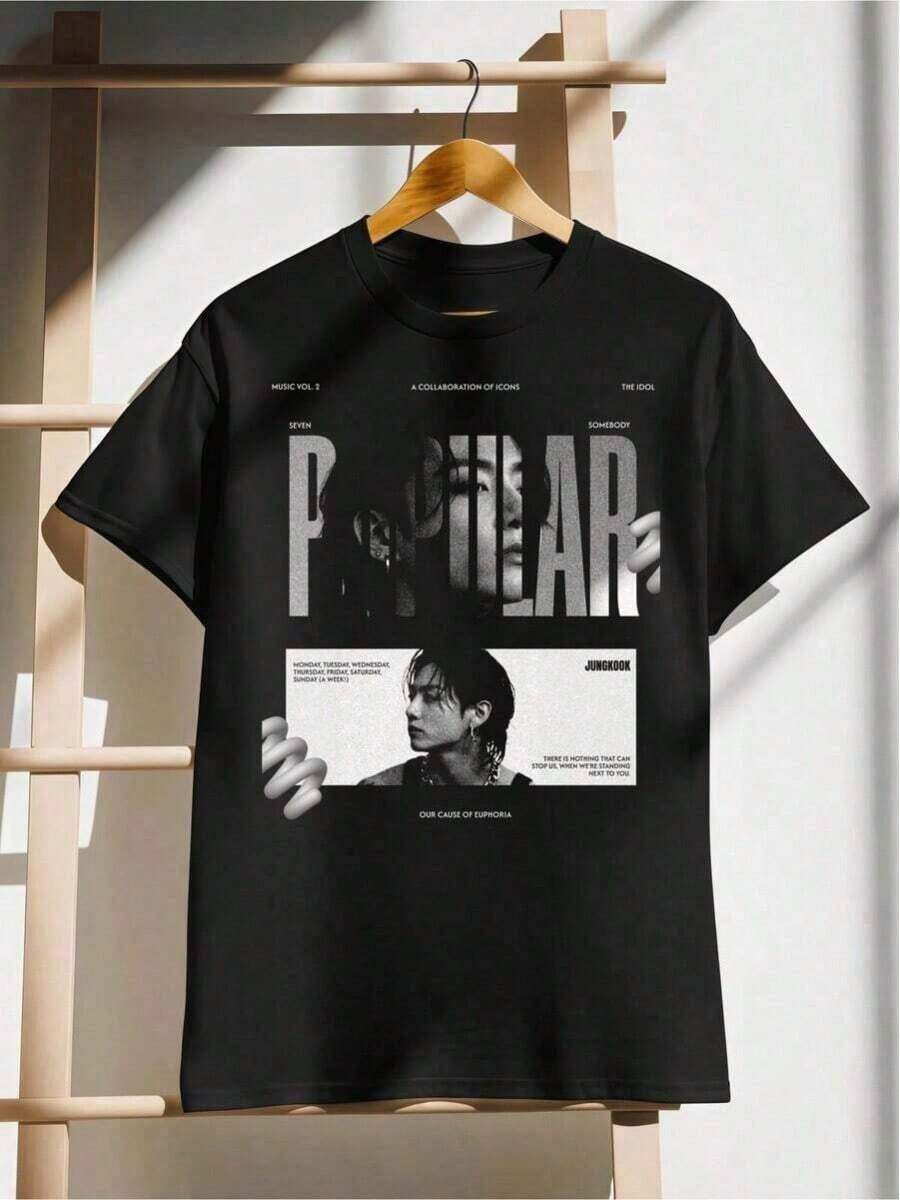 Camiseta de Verano Personalizada de Algodón de Manga Corta con Estampado Gráfico Vintage de Jung Kook POPULAR de Alta Calidad para Verano - Estilo Urbano Vintage Unisex, Camiseta Holgada de Algodón de Manga Corta con Cuello Redondo - Negro - Ver 1