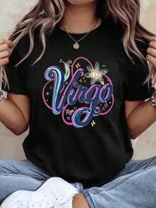Suave, transpirable y ligero para comodidad durante todo el día. Camiseta de manga corta para mujer con estampado del signo zodiacal Virgo, estilo casual y moderno, ideal para uso diario o fiestas. Tela cómoda, perfecta como regalo. 220g. Cuello redondo clásico con un corte relajado que favorece todas las formas del cuerpo y es fácil de combinar con jeans, shorts y leggings. - Negro - Ver 7