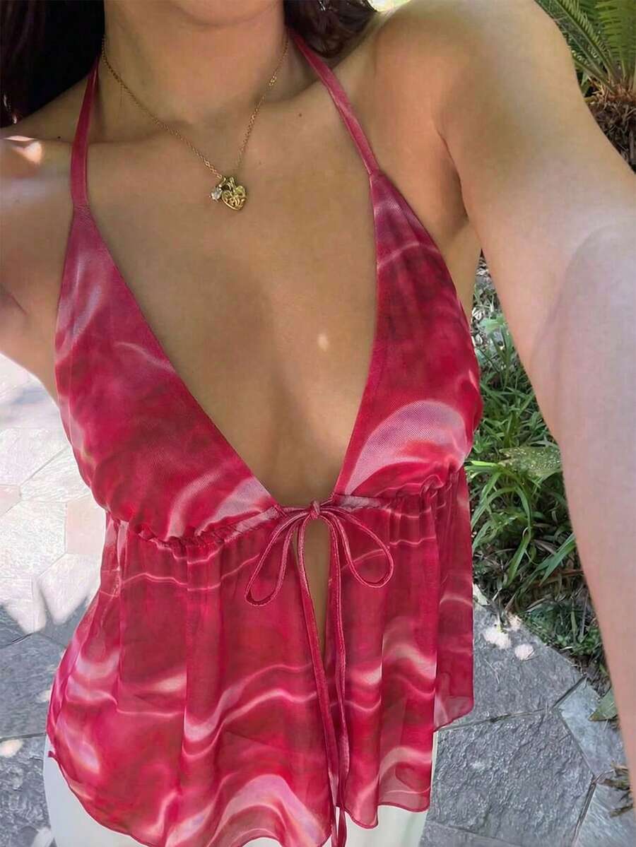 女款紮染印花露背掛脖性感度假上衣,復古Y2K性感夏季假期掛脖上衣,夏季性感度假綁帶短版上衣 - 玫紅色 - 查看 1