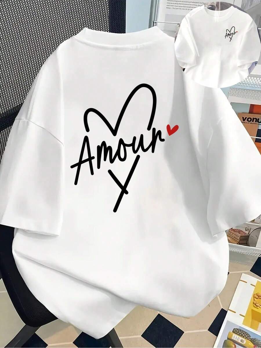 Camiseta estampada de manga corta con diseños en la parte delantera y trasera - Amour, amor francés - Camiseta estampada de moda para mujer, primavera/verano, ¡tu mejor elección!100% Algodón - Blanco - Ver 1