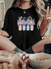 Camiseta negra estilo Y2K para mujer, con diseño de un y una chica rubia con el símbolo de la paz - estilo de manga corta/larga con cuello redondo, top de verano ligero y transpirable, adecuado para picnics, eventos con temática floral y uso diario - Camiseta unisex de algodón holgada de manga corta y cuello redondo estilo vintage urbano. - Negro - Ver 7