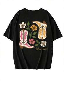 Nueva llegada de verano: Camiseta minimalista de manga corta con cuello redondo y estampado floral, ropa casual versátil y a la moda para mujer, estilo vintage urbano, unisex, holgada, de algodón, con cuello redondo y manga corta. Blusas para mujer. blusas.blusas casuales para dama. - Negro - Ver 4