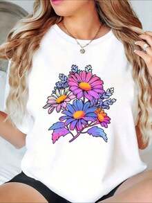 Camiseta de cuello redondo con estampado floral y diseño vibrante de margaritas para uso casual y conjuntos de primavera-verano - Estilo vintage urbano unisex, holgada, de algodón, de manga corta y cuello redondo, 100% algodón. - Blanco - Ver 1
