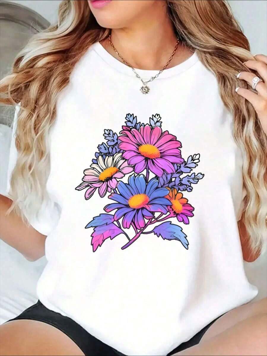 Camiseta de cuello redondo con estampado floral y diseño vibrante de margaritas para uso casual y conjuntos de primavera-verano - Estilo vintage urbano unisex, holgada, de algodón, de manga corta y cuello redondo, 100% algodón. - Blanco - Ver 1