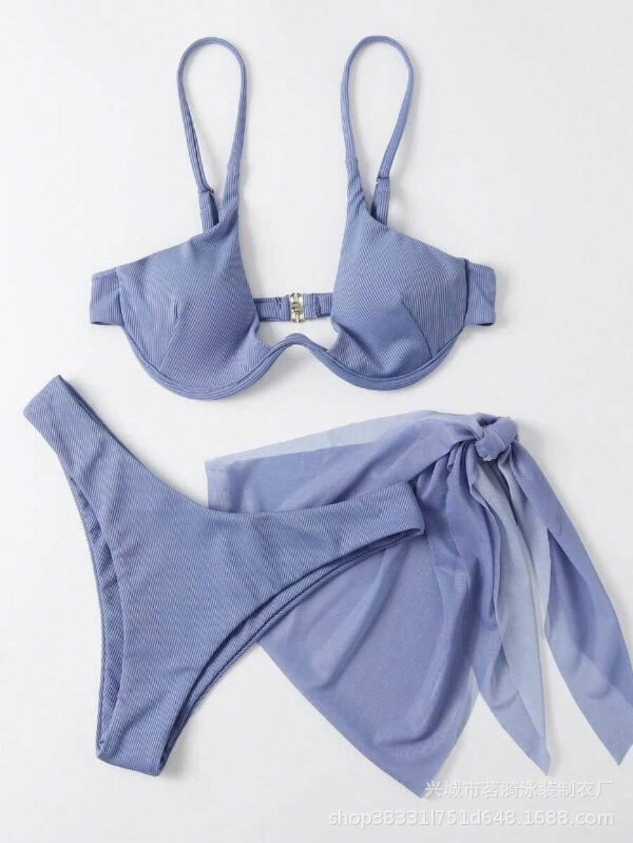 Nuevo traje de baño de tres piezas para mujer, bikini sexy con falda de malla acanalada de color sólido. - Gris pizarra - Ver 1