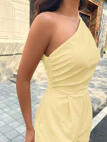 Beige Sleeveless Casual Jumpsuit With Pockets, Suitable For Summer Vacations, Weddings, Outings And Other Occasions, Minimalist Solid Color Casual Jumpsuit For Women - 黃色 - 查看 9