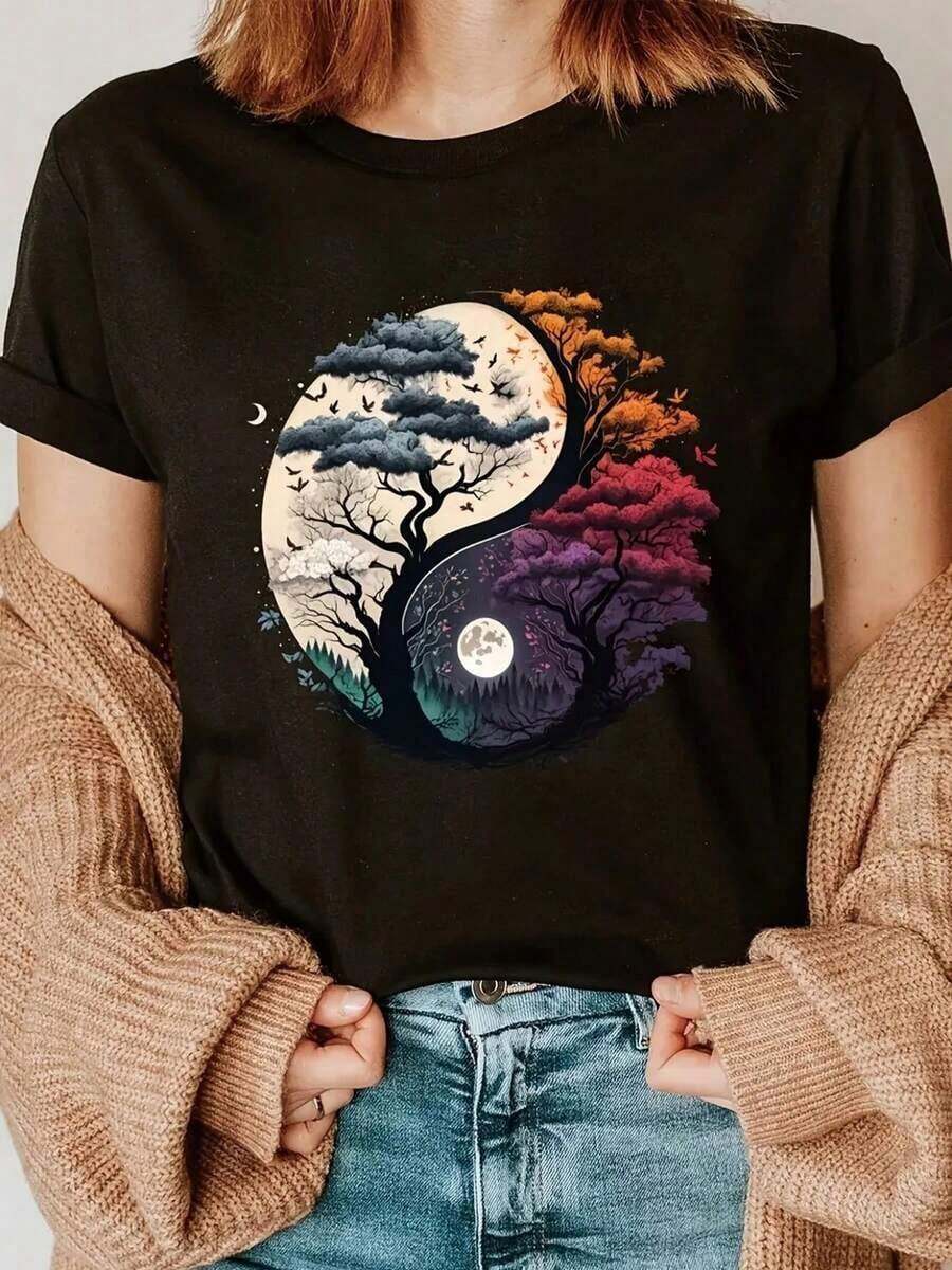 Camiseta artística Yin Yang - Diseño creativo con árbol y paisaje colorido - Algodón suave y cómodo para mujeres y hombres - Ideal para uso diario o regalo especial - Disponible en tallas S, M, L, XL - Negro elegante - Ropa casual moderna - actuales - Negro - Ver 1