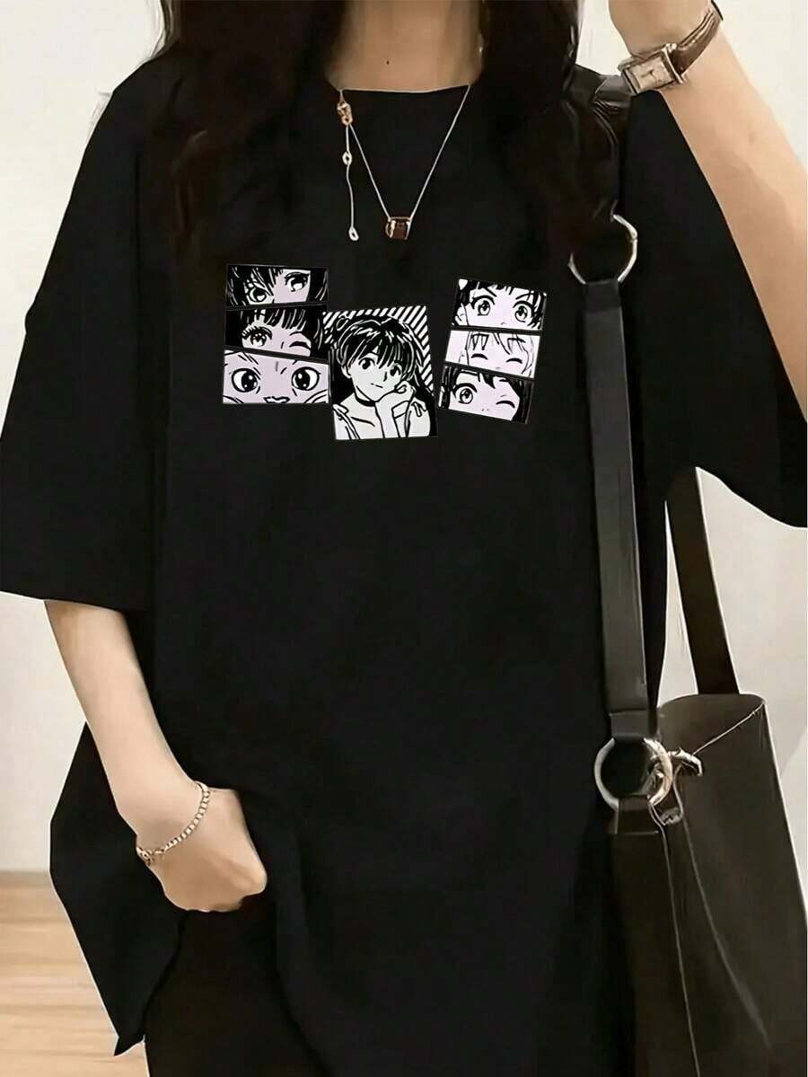 An Elegant Women's T-Shirt For Spring And Summer With A Striking White NELLY Print On The Top And A Grid Of "B Women's T-Shirts". - 黑色 16 - 查看 1