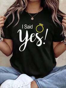 Camiseta de Compromiso Cómoda Dije Sí, Futura Esposa, Camiseta de Manga Corta para Mujer, Estilo Básico para Uso Interior y Exterior - Negro - Ver 1