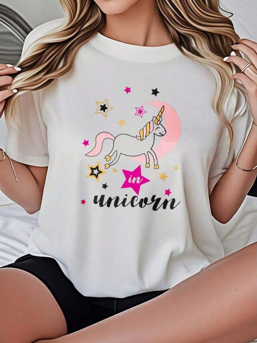 Women's Loose Fit T-Shirt In Pink With Moon And Stars Print, Breathable - 白色 - 查看 1