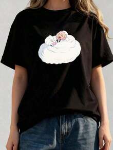 Camiseta con estampado gráfico de dibujos animados, estilo anime japonés Harajuku, camiseta de moda casual de manga corta, talla grande para mujer - 100% algodón.Adecuada para un uso casual versátil en primavera, verano y otoño. |   Diseño exquisito |   Suelto y cómodo |   Fácil de combinar | - Negro 4 - Ver 3