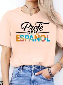 1 pieza de camiseta casual de primavera/verano con estampado de letras, camiseta deportiva de manga corta con cuello redondo, top para mujer, 180g 100% algodón. - Blanco - Ver 11