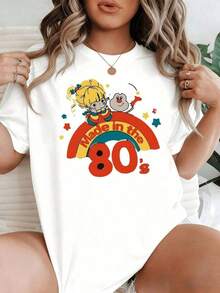 Fashion NEWCamiseta de algodón 100% informal para mujer, con un colorido diseño de arcoíris, una chica de dibujos animados juguetona y un personaje alegre que simbolizan la nostalgie de los 80. Idea de regalo.-Camiseta unisex de algodón suelto de manga corta y cuello redondo estilo vintage urbano. - Blanco - Ver 8
