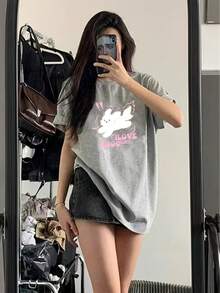 Talla - Talla - Camiseta de Manga Corta para Mujer Talla Primavera y Verano Nueva Versión Coreana Holgada Damas Pullover Versátil Fácil Top Moda  Desplazamiento Top Mujer Camiseta de Color Sólido para Mujer - Gris - Ver 6