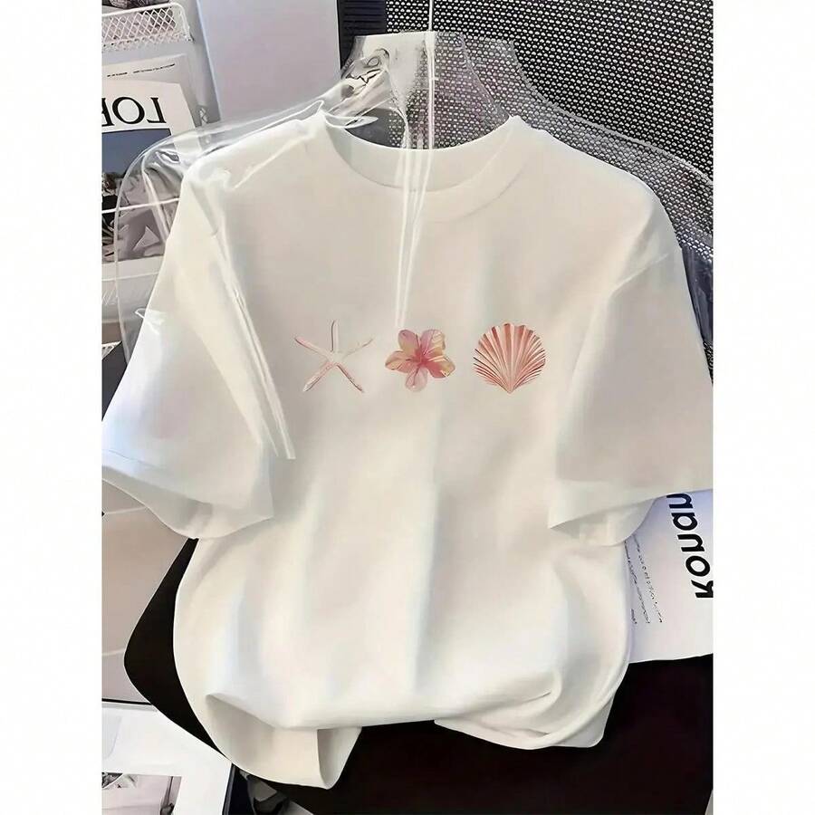 Camiseta Roja de Playa para Mujer - Top Costero Casual con Estampados de Estrellas y Conchas, Ropa Transpirable para Vacaciones, Conjuntos de Piscina - Prenda Lavable a Máquina, Diseño Inspirado en el Océano, Fácil Cuidado, Atuendo Ideal para la Playa - Blanco - Ver 1
