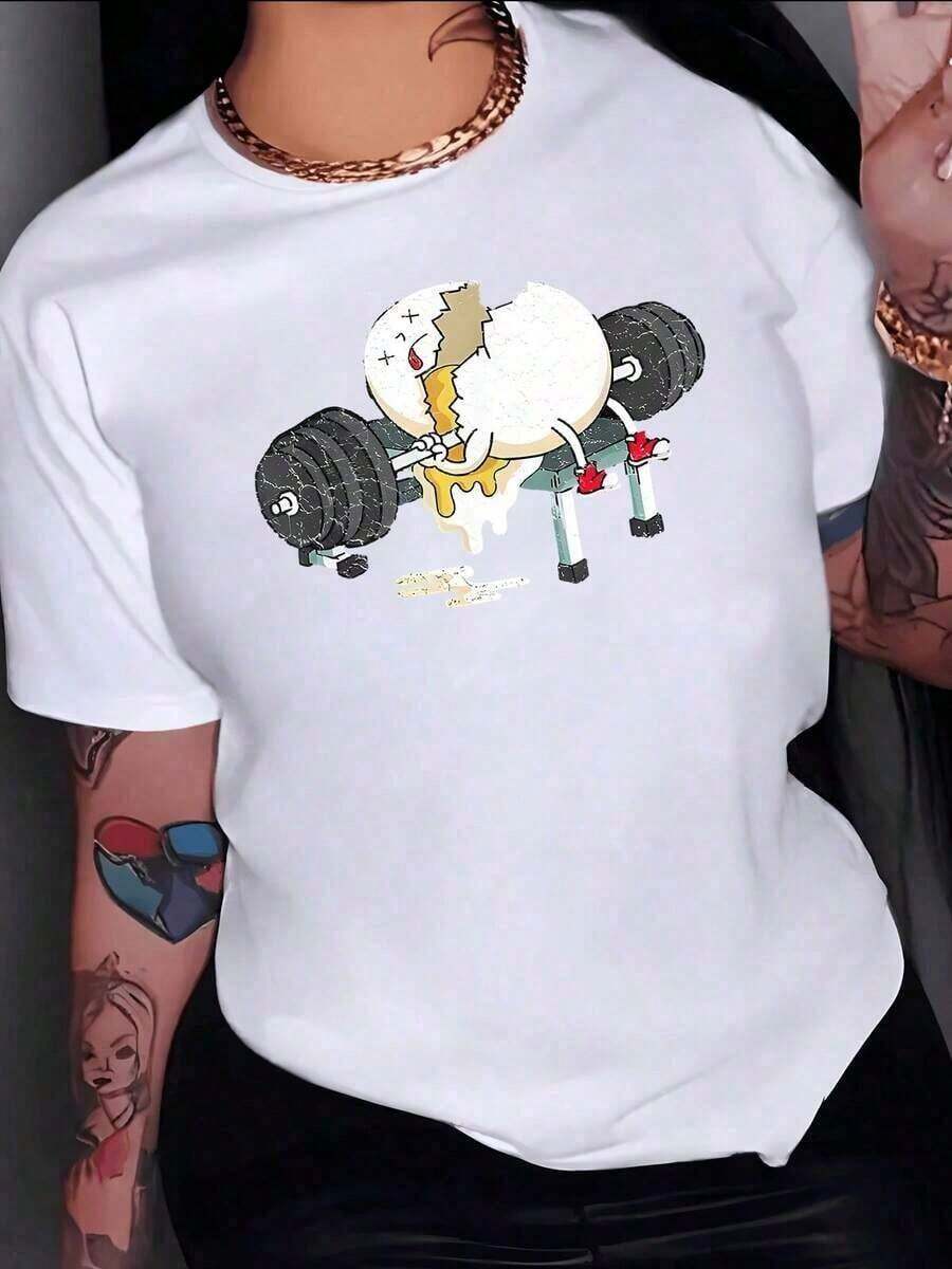 short-sleeveHuevo caricaturesco roto levantando pesas con expresión divertida que simboliza esfuerzo y perseverancia en la vida camiseta para mujer 100% algodón Round Neck 100% Cotton Blusas Para Mujer Casual100% Cotton - Blanco - Ver 1